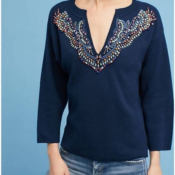 Anthropologie Moth Jeweled Embellished Split V Neck Navy Sweater Sz L - Picture 1 of 9
